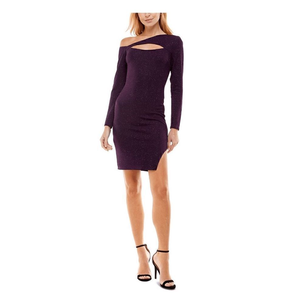 City Studio Womens Long Sleeve Above The Knee Body Con Dress Purple Sz XS NWT